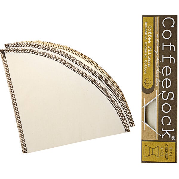 A CoffeeSock reusable coffee filter with a brown and white label.