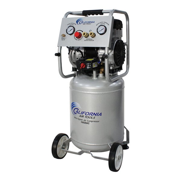 A close-up of a California Air Tools air compressor with a hose and tank.