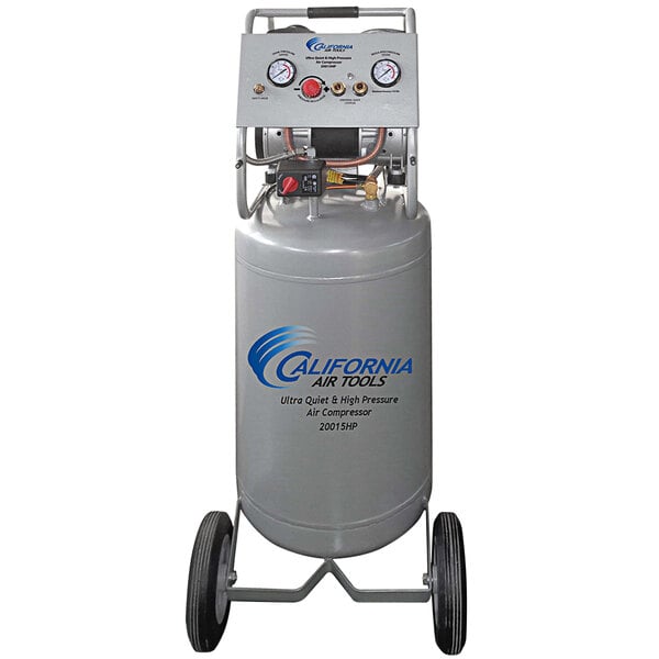 A grey California Air Tools air compressor with wheels and a red button on the tank.