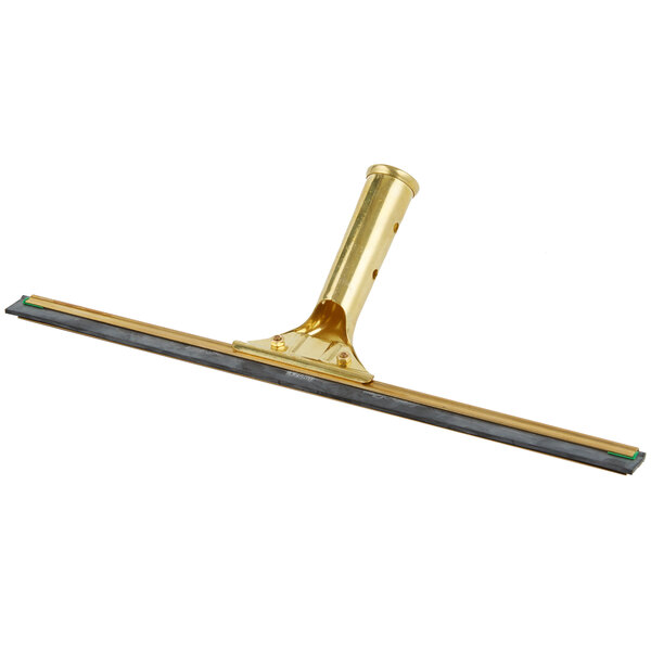 A close-up of a Unger GoldenClip window squeegee with a brass and black handle.