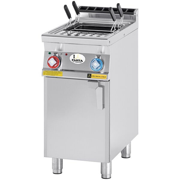 An Arcobaleno stainless steel electric pasta cooker on a counter.