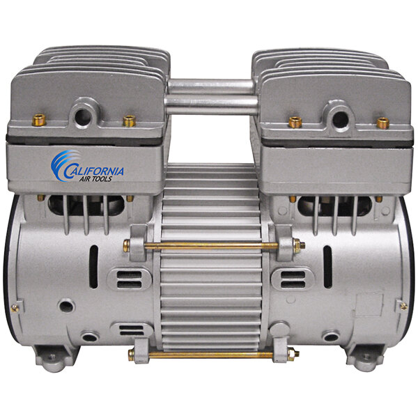 The silver and grey California Air Tools air compressor pump and motor with two cylinders.