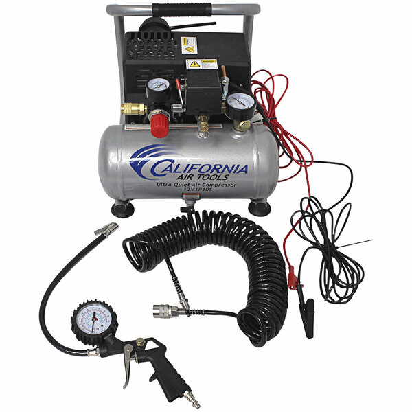 A California Air Tools 12V air compressor with hose and gauge.