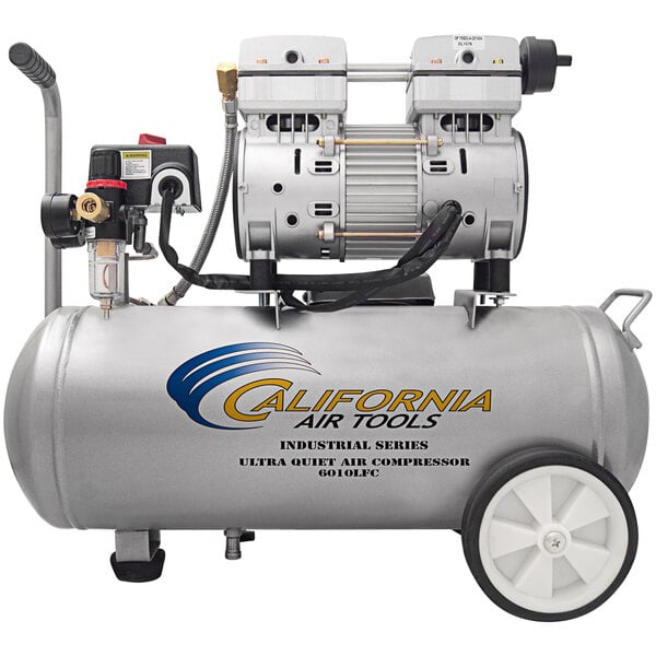 A close-up of a California Air Tools air compressor with wheels.