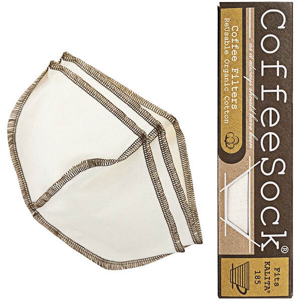 A white CoffeeSock reusable coffee filter with brown stitching in a package with brown and white labels.