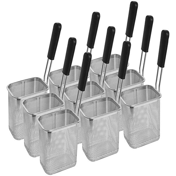 A group of 9 stainless steel pasta cooker baskets with black handles.