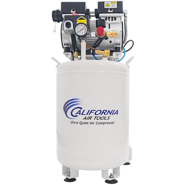 A close-up of a white California Air Tools air compressor with blue text.