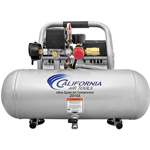 A close-up of a California Air Tools air compressor with an aluminum tank.