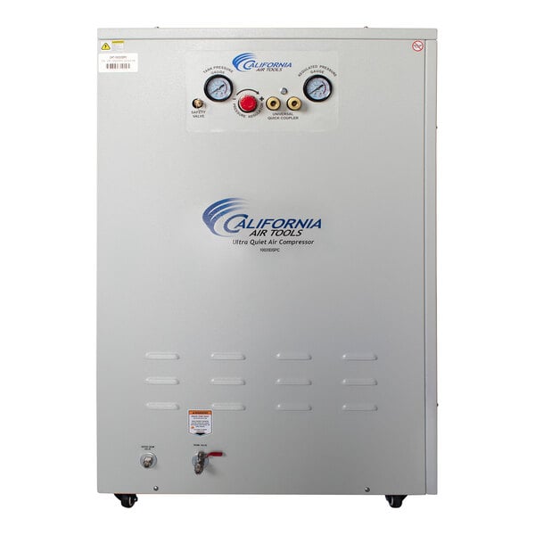 A white rectangular California Air Tools air compressor with gauges and dials.