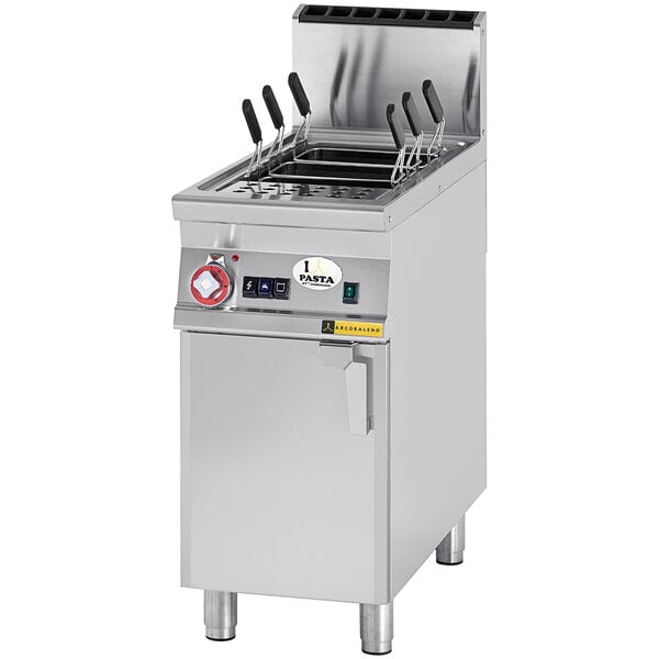 An Arcobaleno stainless steel natural gas pasta cooker on a school kitchen counter.