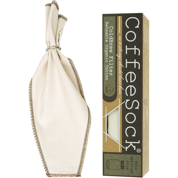 A white CoffeeSock with brown stitching in a white box.