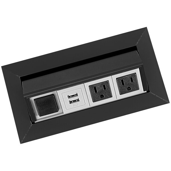 A black rectangular Safco power module with 1 data, 2 power, and 2 USB outlets.