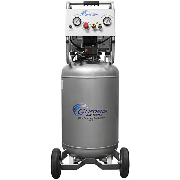 A California Air Tools air compressor with a steel tank, wheels, and dials.