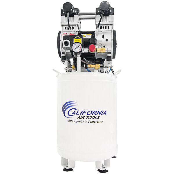 A white California Air Tools air compressor cylinder with blue text.