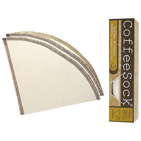 A white and brown CoffeeSock box for a Hario V60.03 Reusable Coffee Filter.