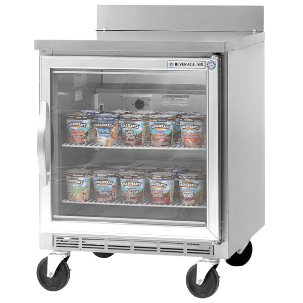 A Beverage-Air worktop freezer with a glass door.