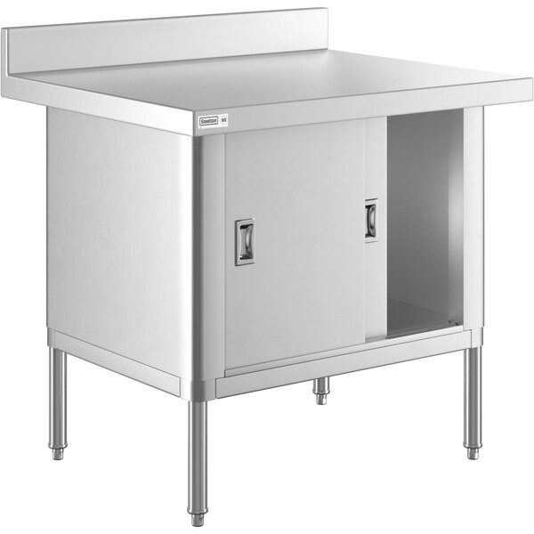 A Steelton stainless steel enclosed base table with sliding doors.