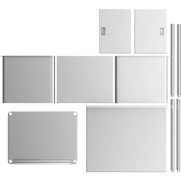 A group of stainless steel rectangular tables with sliding doors on a white background.