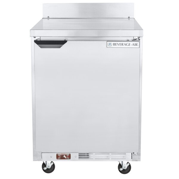 A stainless steel Beverage-Air worktop freezer with a door and wheels.