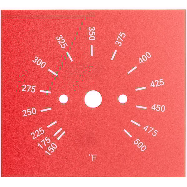 A red circular sticker with white numbers and a circle in the center.