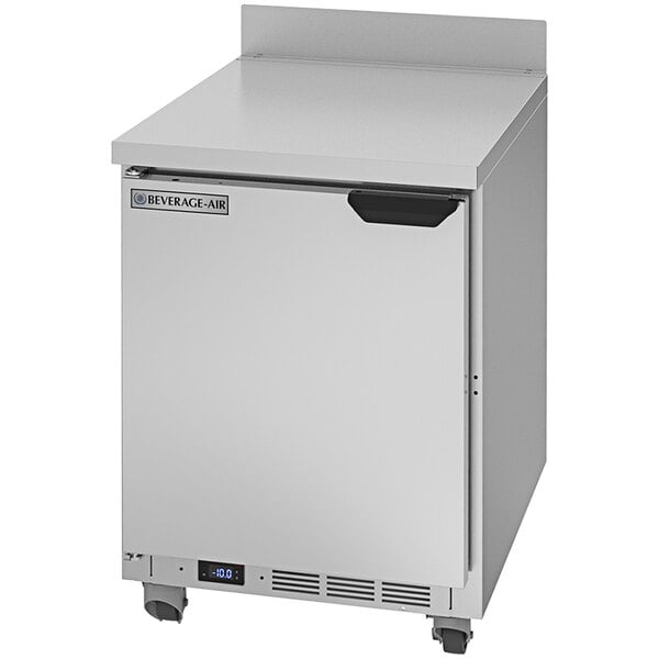 A Beverage-Air stainless steel worktop freezer with a left-hinged door.