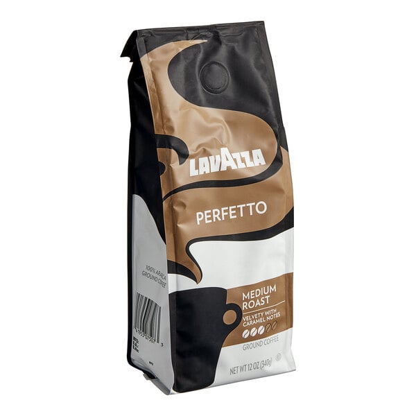 A brown and white Lavazza Perfetto bag of ground coffee on a white background.