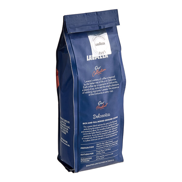 A blue and white bag of Lavazza Classico Ground Coffee.