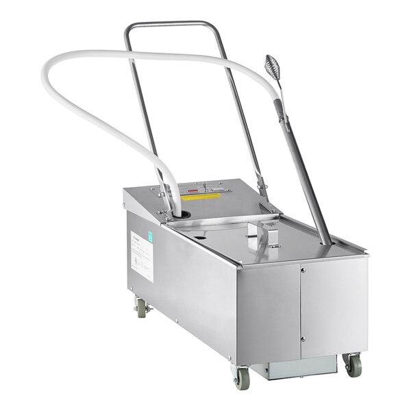 A Frymaster portable fryer oil filter machine with a handle and wheels.