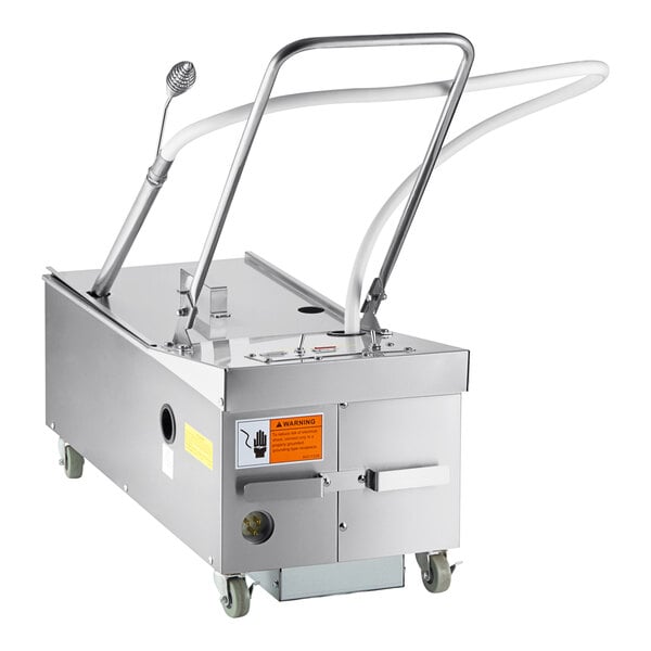 A Frymaster portable fryer oil filter with wheels and handles.