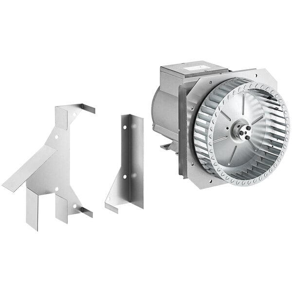 A metal fan assembly with a metal bracket.