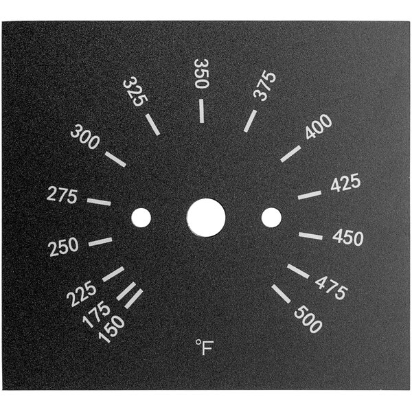 A black square sticker with white text and numbers for temperature control on a convection oven.