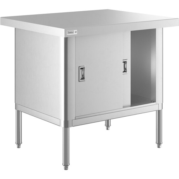 A Steelton stainless steel enclosed base table with sliding doors.