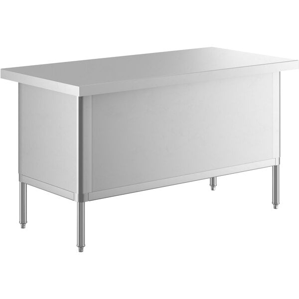 A white rectangular Steelton stainless steel work table with an enclosed base and sliding doors.