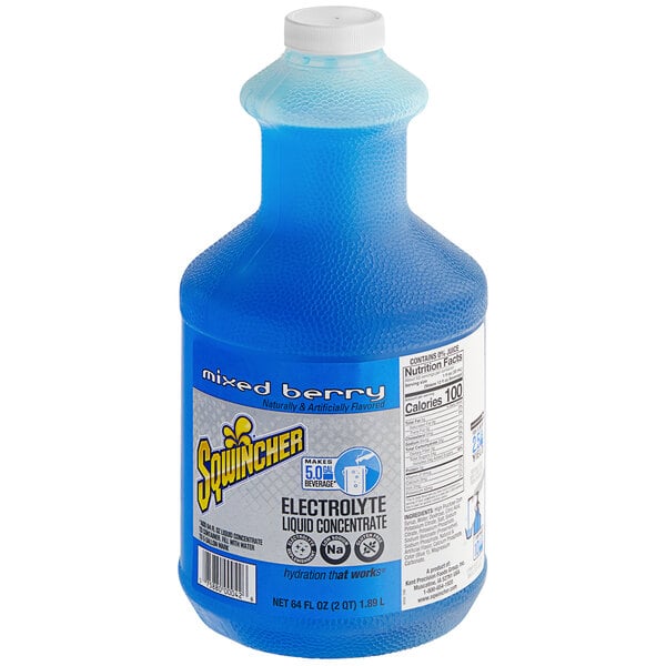 A blue plastic bottle of Sqwincher Mixed Berry electrolyte concentrate.