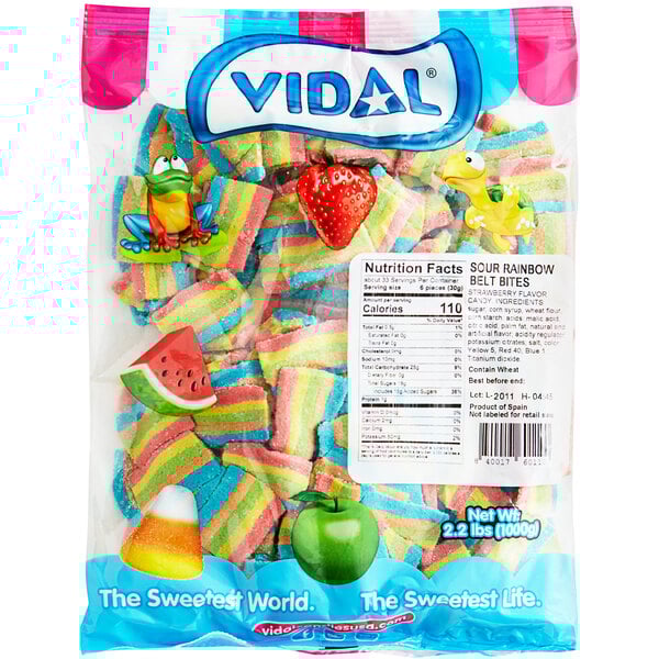 A Vidal bag of gummy rainbow belts with a label.