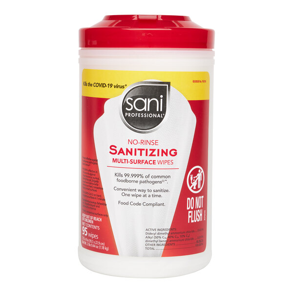 Sani Professional 7 3/4" x 9" 95 Count No-Rinse Sanitizing Multi-Surface Wipes - 6/Case