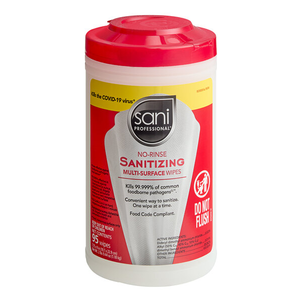 A container of Sani Professional no-rinse sanitizing multi-surface wipes with a red lid.