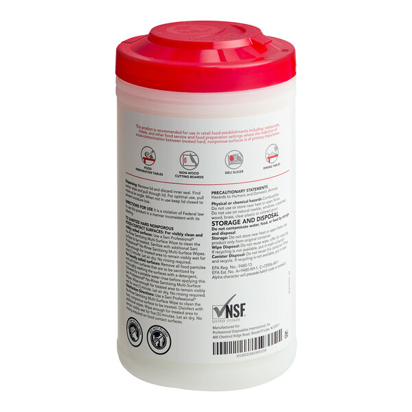 A container of Sani Professional no-rinse sanitizing multi-surface wipes with a red lid.