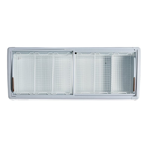 An Avantco glass top display freezer with a curved glass top.