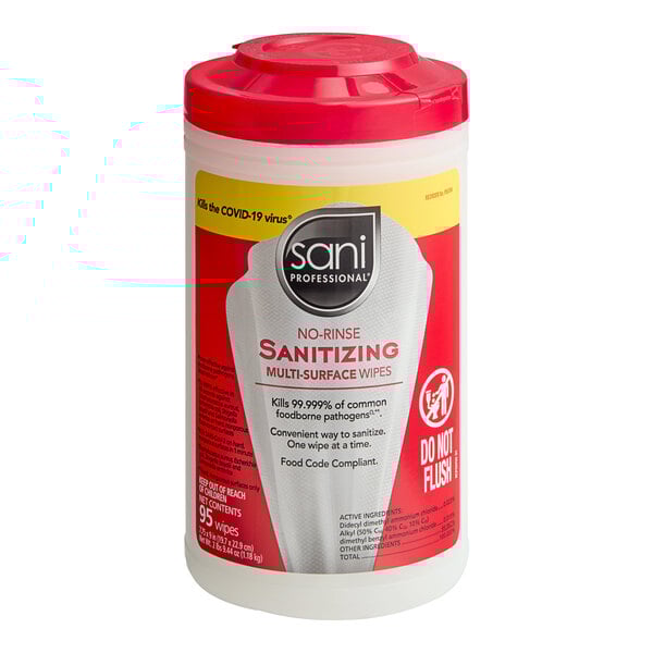 A container of Sani Professional no-rinse sanitizing multi-surface wipes with a red lid.