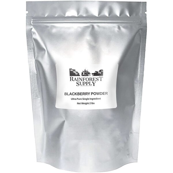 A silver bag of blackberry powder with a white label and black text.