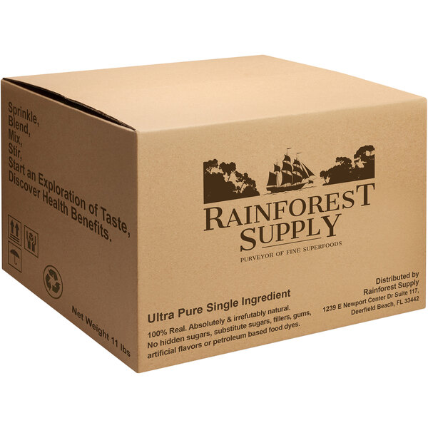 A brown box of Mango Powder on a kraft paper-covered counter.