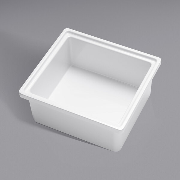 A white rectangular Bon Chef melamine food pan with a white lid.