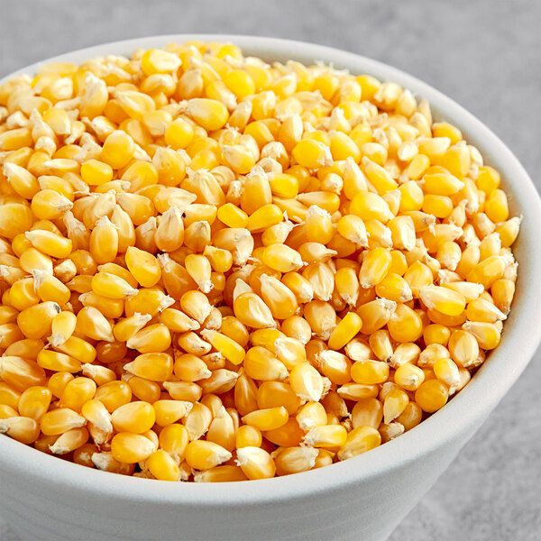 A bowl of Amish Country Ladyfinger Butterfly popcorn kernels.