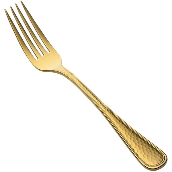 A close-up of the handle of a Bon Chef Positano gold European dinner fork.