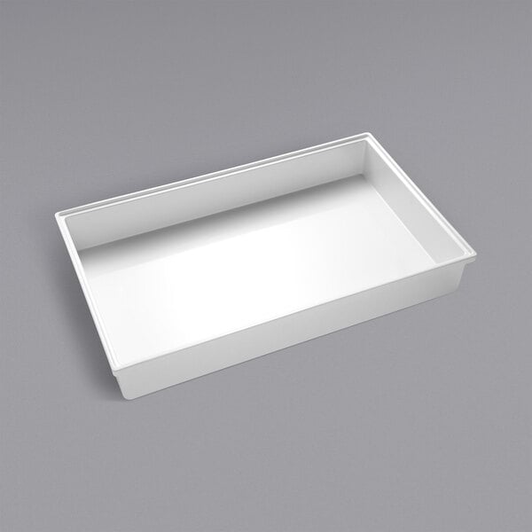 A white rectangular Bon Chef melamine food pan with a lid.