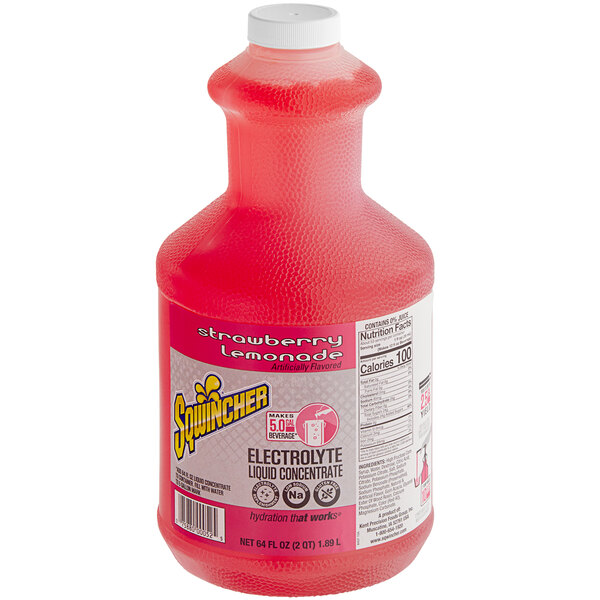 A bottle of Sqwincher Strawberry Lemonade concentrate.