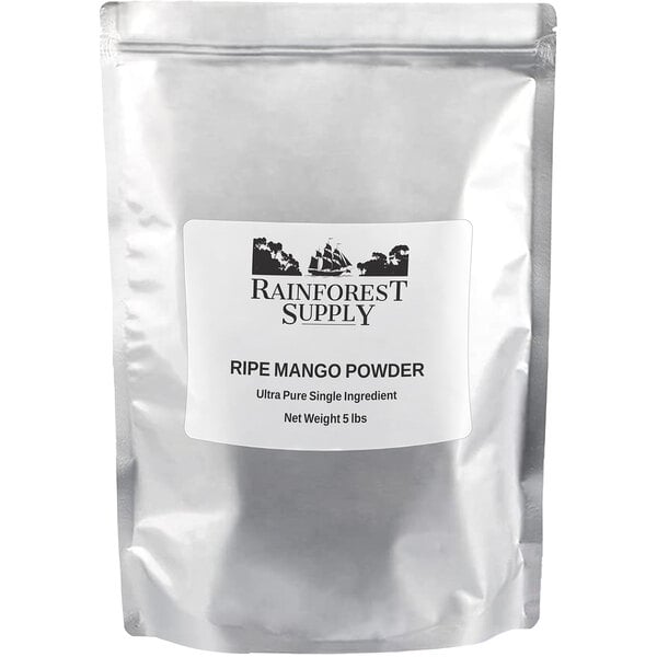 A white bag of raw, organic unbleached mango powder with a white label.