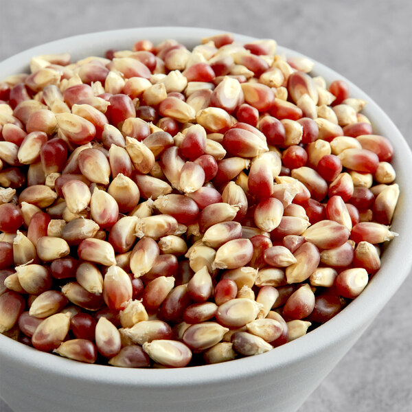 A bowl of Amish Country Purple Butterfly popcorn kernels.