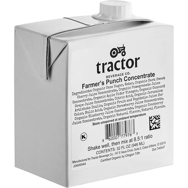 A white carton of Tractor Beverage Co. Farmer's Punch juice concentrate.
